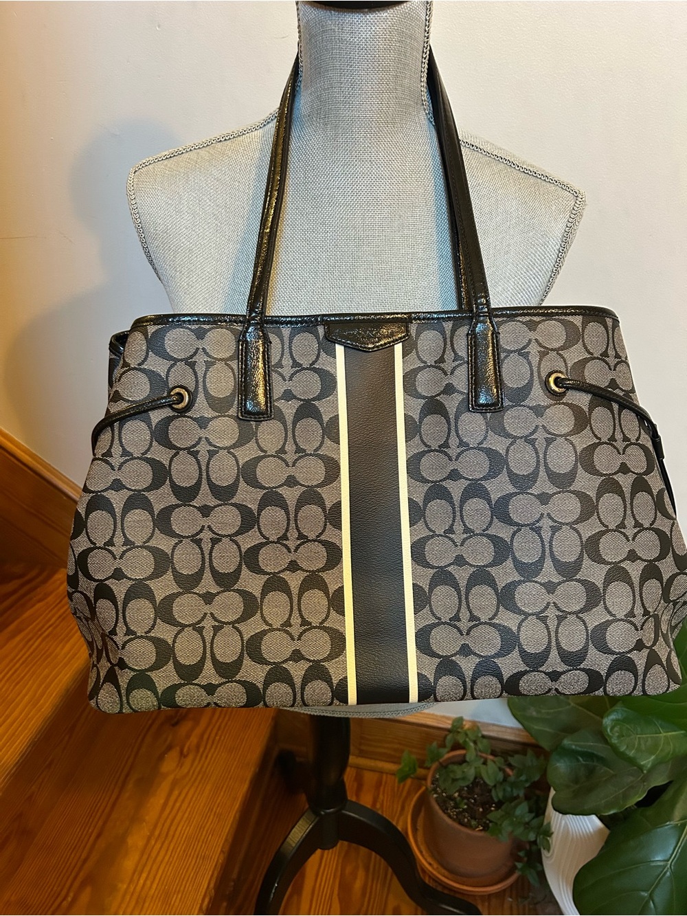Coach Signature Large Tote in Gray with Black and Cream Stripe